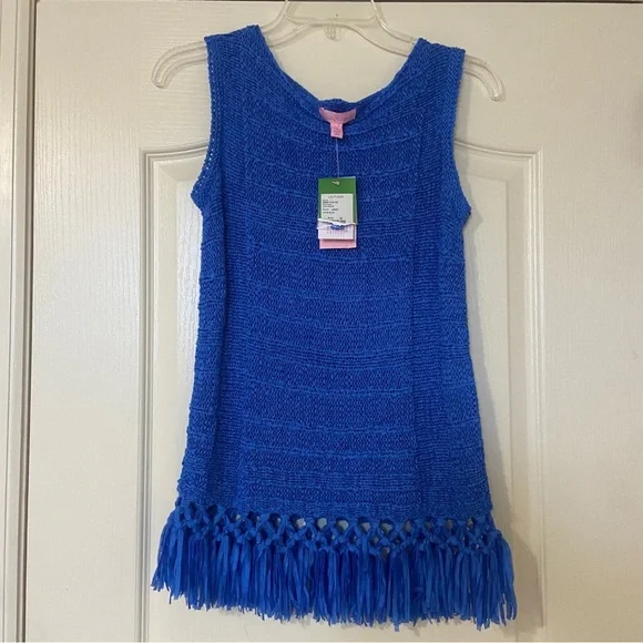 Lilly Pulitzer Blue Sleeveless Knit Top with Fringe - Picture 2 of 10